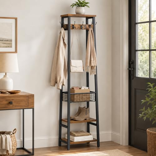 Coat Rack with Metal Basket and Storage Shelves | Coat Stand Freestanding, Hall Tree With and 7 Hooks, Clothes Rack Stand Organizer, Rustic Brown and Black - color: Rustic Brown and Black, style: 2 Shelves + 1 Basket