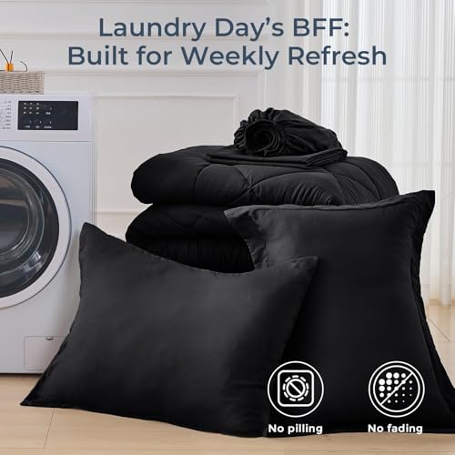5-Piece Twin Comforter Set, Black | Reversible, All-Season, Soft, 5 Piece Set, All-Season Reversible Bed in a Bag, Flat Sheet, Fitted Sheet, Pillowcases - color: Black, size: Twin