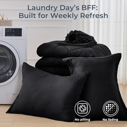 5-Piece Twin Comforter Set, Black | Reversible, All-Season, Soft, 5 Piece Set, All-Season Reversible Bed in a Bag, Flat Sheet, Fitted Sheet, Pillowcases - color: Black, size: Twin