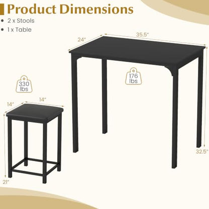 COSTWAY Dining Table Set, Counter Height Table & 2 Upholstered Stools | Black, PU Leather Seats, Metal Frame, Modern, Non-Slip Foot Pads, Space-Saving for Small Space, Kitchen Island - color: Black