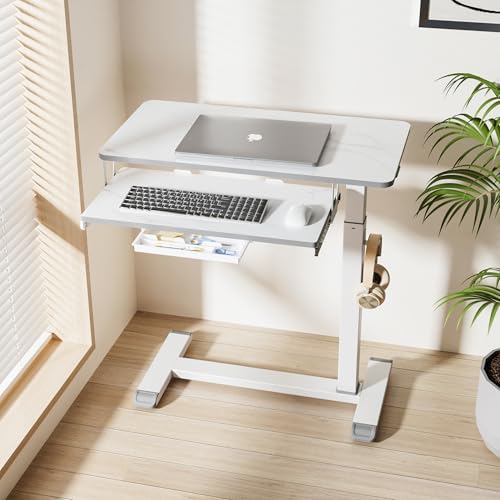 ETHU Overbed Table with Wheels, Medical Table with Drawer, Hospital Bed Table, Workstation Desk, Adjustable Overbed Bedside Rolling Laptop Desk, Marble White | Mobile Table Tray for Sofa Side, Hospital Bed Workstation Table for Home and Office Laptop Use,