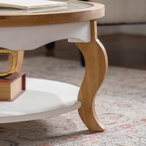 French Country Round Glass Coffee Table, 2-Tier Distressed Circle Storage Center Table with Curved Legs & Removeable Glasstop for Living Room - color: Antique White
