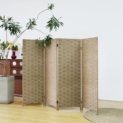 4 Panel Double Sided Short Room Divider for Room Separation, Light Brown Rattan Folding Privacy Screen, Freestanding Partition Screen for Home Office - 3.95 ft Tall - color: Light Brown, size: 4 Panel