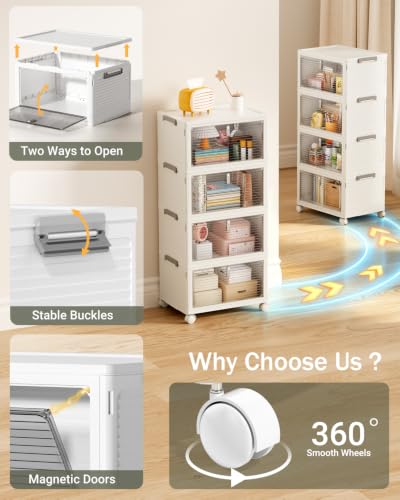 23QT Stackable Storage Bins with Lids and Wheels, 4 Tier 92QT Foldable Plastic Storage Drawers with Magnetic Doors, 4 Pack Collapsible Closet Organizer for Bedroom Office, White