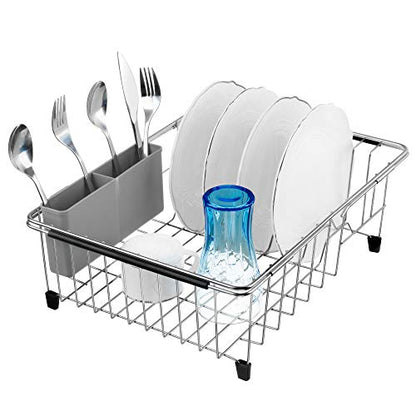 Expandable Multifunctional Dish Drying Rack, Over The Sink, in Sink Or On Counter Dish Drainer Basket Organizer Shelf with Removable Grey Utensil Silverware Holder, Rustproof Stainless Steel - color: Gray