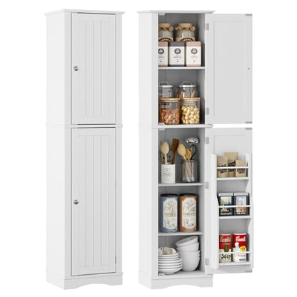 Function Home 높은 욕실 보관 캐비닛, 162.6cm(64인치) 슬림 주방 식료품 저장실, 도어 수납 공간이 있는 좁은 목재 독립형 캐비닛, 조절 가능한 선반이 있는 주방 거실 다이닝룸용, 화이트 - color: 화이트., size: 15.8"Wx11.81"Dx64"H