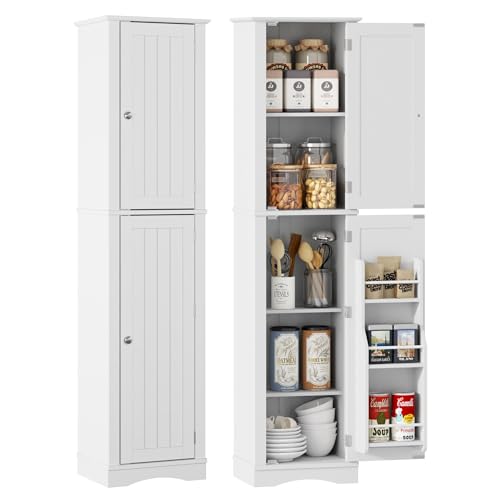 Function Home 높은 욕실 보관 캐비닛, 162.6cm(64인치) 슬림 주방 식료품 저장실, 도어 수납 공간이 있는 좁은 목재 독립형 캐비닛, 조절 가능한 선반이 있는 주방 거실 다이닝룸용, 화이트 - color: 화이트., size: 15.8"Wx11.81"Dx64"H