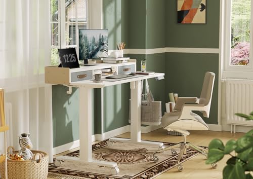 Claiks Standing Desk with Drawers, Adjustable Stand Up Electric Small Standing Desk Adjustable Height with Storage Shelf and Splice Board, 40 Inch, White - color: White, size: 39.4×23.6