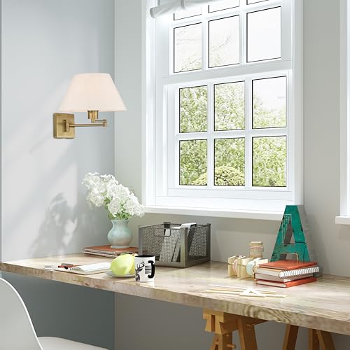 Livex Lighting 40038-01 1-Light Swing Arm Wall Light, Antique Brass | Oatmeal Fabric Shade - color: Antique Brass