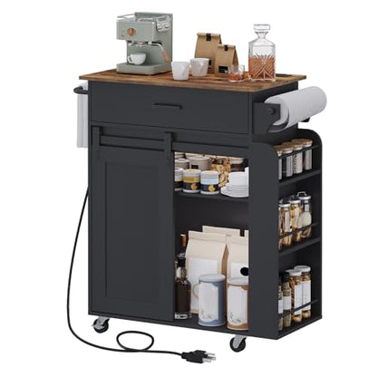Kitchen Island with Storage, Mobile Kitchen Cart with Charging Station, Kitchen Island on Wheels, Rolling Island Table with Sliding Cabinet Door, Black and Rustic Brown ZD01UBR - color: Rustic Brown + Black
