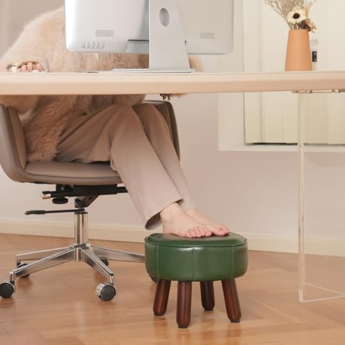 oakvivo 13in Small Foot Stool Ottoman, Round Faux Leather Footrest | Green Under Desk Pouf Footstool Foot Rest with Non-Skid Rubber Legs for Ling Room, Bedroom, 13''L x 13''W x 10.2''H - color: Green