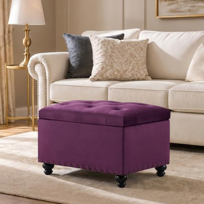 Zihanhome Velvet Storage Ottoman Bench, Button Tufted Ottoman with Hidden Storage, Upholstered Foot Rest Stool with Solid Wood Legs for Living Room, Bedroom, Entryway & Small Spaces (Purple) - color: Velvet-purple