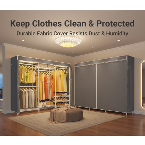 VIPEK V5LC Garment Rack Heavy Duty Covered with Dimmable LED Lights, 3000K Warm White, Portable Closet Wardrobe Freestanding for Hanging Clothes, with Grey Cover - color: White Rack With Grey Cover, style: V5LC