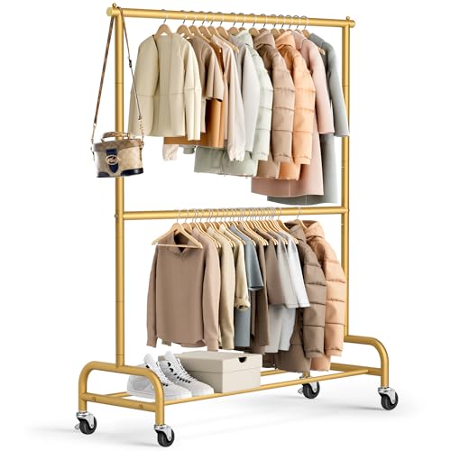 MISSLO Gold Clothing Racks for Hanging Clothes Heavy Duty Clothes Rack Double Garment Rack Metal Rolling Coat Rack Closet Wardrobe Rack on Wheels - color: Gold