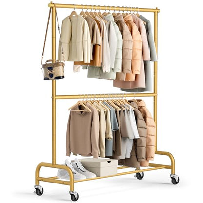 MISSLO Gold Clothing Racks for Hanging Clothes Heavy Duty Clothes Rack Double Garment Rack Metal Rolling Coat Rack Closet Wardrobe Rack on Wheels - color: Gold