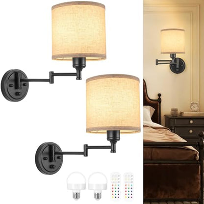 GOODATE Battery Operated Wall Sconce with Remote Control, 15 Colors Dimmable Wireless Wall Sconces Set of Two, Rechargeable Cordless Wall Sconce Light, Swing Arm Wall Lamp with Linen Fabric Shade