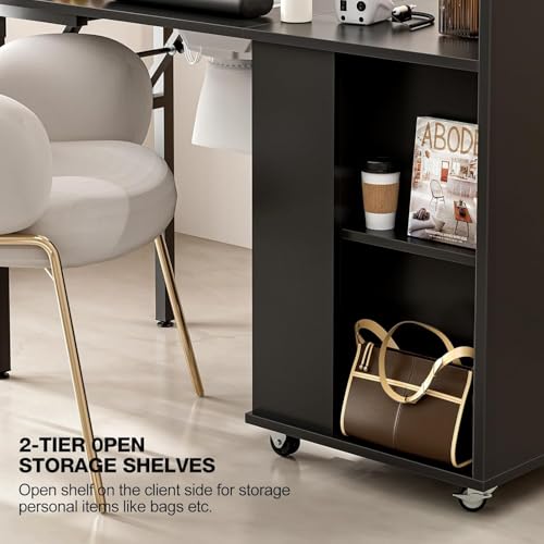 Foldable Nail Desk Manicure Table, Folding Nail Table Station for Nail Tech w/Dust Collector, 2 Open Shelves & 2 Drawers, Foldable Manicure Desk w/Wrist Cushion, Lockable Wheels - color: Black2