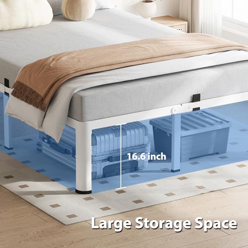 18 Inch White Full Bed Frame with Round Corners No Box Spring Needed | 3500lbs Heavy Duty, Under bed storage, 4 mattress stoppers, Headboard holes, Noise-free, Easy assembly & rubber covers - size: Full, style: 18 Inch White