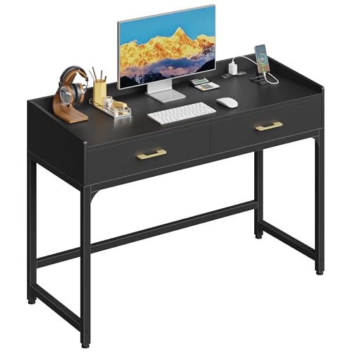 Small Desk with 2 Drawers & Charging Station, 39.4", Black | 2 AC & 2 USB Ports, Ball Bearing Drawer Slides, Compact Design for Bedrooms & Small Spaces