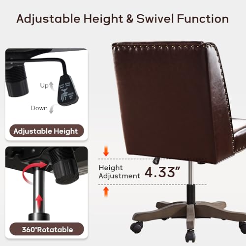 Upholstered Armless Office Chair Faux Leather Swivel Home Desk Office Chair | Modern Comfy Boho Office Chair with Wheels Adjustable Desk Chair no Arms for Sewing Women Farmhouse Study Studio PU Reddish - color: Reddish