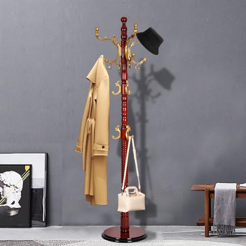 Coat Racks Free Standing with 14 Hooks, Natural Wood Coat Rack with Solid Round Base, Adjustable Height Coat Racks, Easy Assembly for Hallway, Bedroom and Office (Begonia color) - color: Begonia color