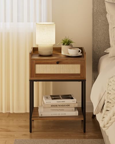 Masupu Rattan Nightstand,3-Tier Modern Bedside Night Stand with Storage Drawer and Shelf,Small End Side Table for Bedroom,Living Room,Walnut Brown (Without Outlet, Brown) - color: Walnut