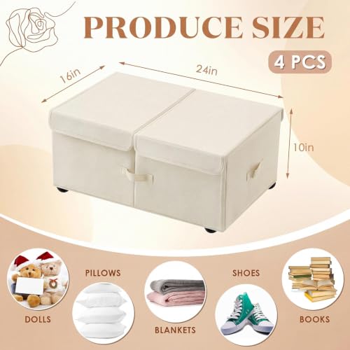 바퀴가 있는 침대 아래 보관함, 25.4cm(10인치) 높이 65L 대용량 접이식 침대 밑 보관함, 뚜껑 및 손잡이, 의류 담요용 침대 아래 컨테이너, 쉽게 조립할 수 있음, 화이트 - color: 화이트., size: 65 L