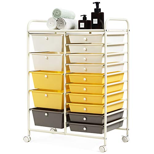 GOFLAME 15-Drawer Rolling Storage Cart, Craft Storage Cart with Removable Drawers & Lockable Wheels, Art Cart Supply Storage Organizer for Home Office Classroom, Yellow - color: Yellow, size: 15 drawer-25"x14.5"x34.5"