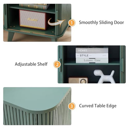 24" Large Fluted End Table with Charging Station, Farmhouse Sofa Side Table with Sliding Tambour Door & Storage, Curved Rustic Wood Nightstand for Living Room, Bedroom, Green - color: Green