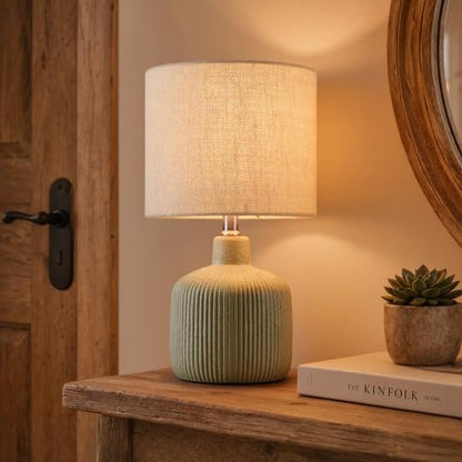 Ceramic Table Lamp, Oliver Green, 17.75" | Beige Linen Shade, Warm Ambient Lighting, Bedside Nightstand, Natural - color: Green