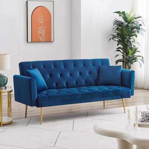 72"Modern Velvet Sofa Bed Futon,Convertible Folding Sleeper Bed Couches with 3 Adjustable Backrests,Tufted Recliner Love Seat with Golden Chrome Legs for Living Room Apartment Office (Navy+pillows) - color: Navy+pillows