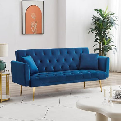 72"Modern Velvet Sofa Bed Futon,Convertible Folding Sleeper Bed Couches with 3 Adjustable Backrests,Tufted Recliner Love Seat with Golden Chrome Legs for Living Room Apartment Office (Navy+pillows) - color: Navy+pillows