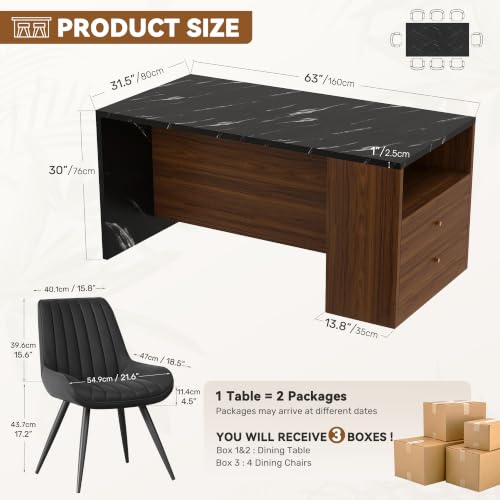 Miereirl 5-Piece Dining Table Set for 4, 63" Kitchen & Dining Room Set with Upholstered Chairs, Dining Table with 2 Storage Drawers for Apartment - color: Black, size: Table & 4 Black Chairs-Model 43
