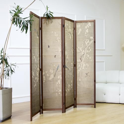 4 Panel Bamboo Room Divider for Room Separation, 5.6 ft Tall Double-Sided Folding Privacy Screen with Premium Thickened Wood Frame, White Plum and Birds (67" H x 63" W) - color: Plum and Birds, size: 4 Panel