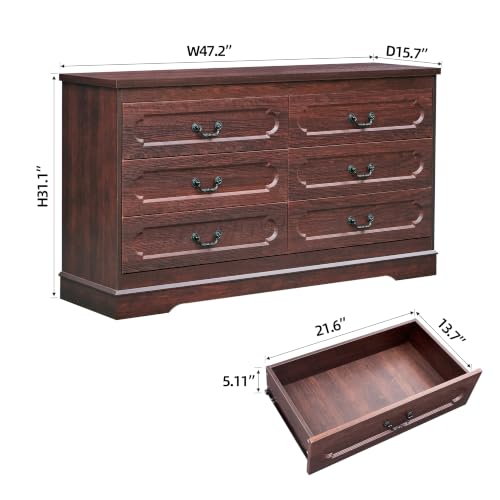 6 Drawer Dresser for Bedroom Cherry Bedroom Dresser 47.2" Wide Wood Cabinet | Farmhouse Wood Chest of Drawers , Modern Rustic Drawers Dressers Wooden Closet and Storage Cabinet, Hallway, Living Room - color: Cherry, size: 15.7"D x 47.2"W x 30.8"H (6 Drawe