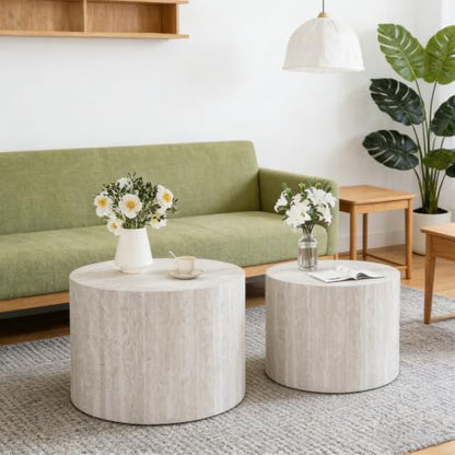18 inch Stone Round Nesting Coffee Table Set of 2, Travertine | Travertine Veneer, For Living Room, Mid-Century Modern Style, Nestable Design, Nested End Side Table, For Small Spaces - color: Travertine
