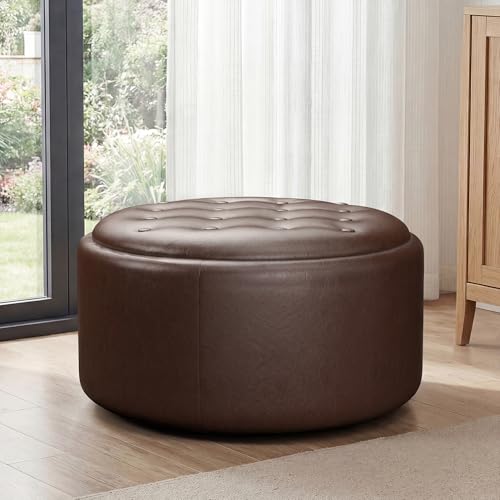 Tbfit Multi-Functional Round Storage Ottoman for Home - No-Assembly Footrest & Seat with Spacious Storage Plush Fabric Design for Living Room, Bedroom, Nursery, Dark Brown - color: Dark Brown-pu
