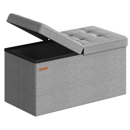 SONGMICS Mazie Collection - 30 Inches Storage Ottoman, Foldable Storage Bench with Flipping Lid, 660 lb Load Capacity, for Entryway, Living Room, Bedroom, Light Gray ULSF41G - color: Light Gray, size: 15"D x 30"W x 15"H, style: Modern