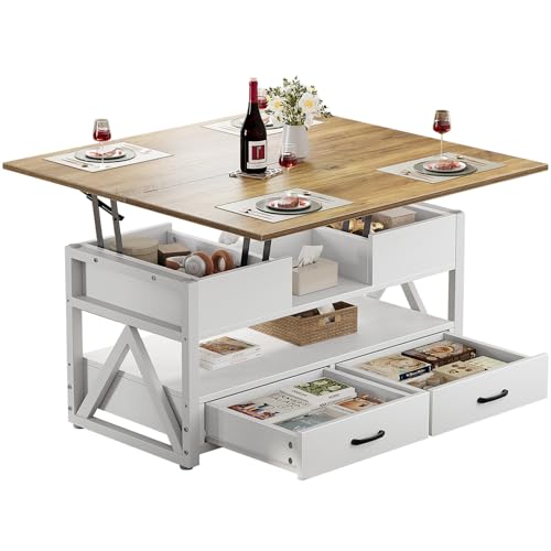 40" Lift Top Coffee Table with Storage,White | 4 in 1 Multi-Function Lifting top Coffee Tables with Storage Drawers and Hidden Compartmen,for Living Room - color: White+brown