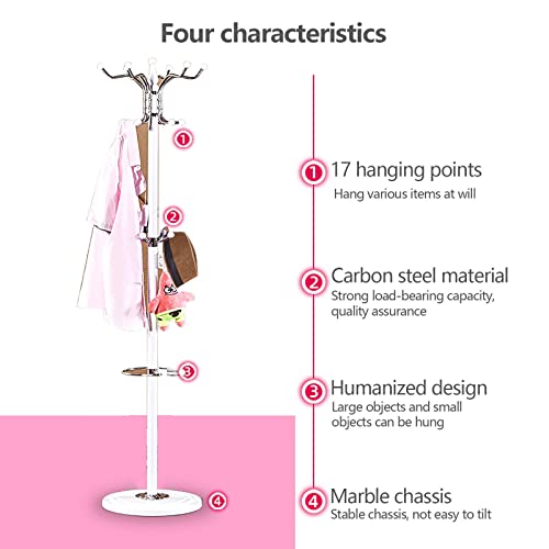 16 Hooks 4 Levels Freestanding Coat Rack, Hat Jacket Stand Hall Tree, Holder Hanger Rack Marble Base for Entryway, Hallway, Hangers for Coats, Jackets, Hats, Bags, Umbrellas (White)