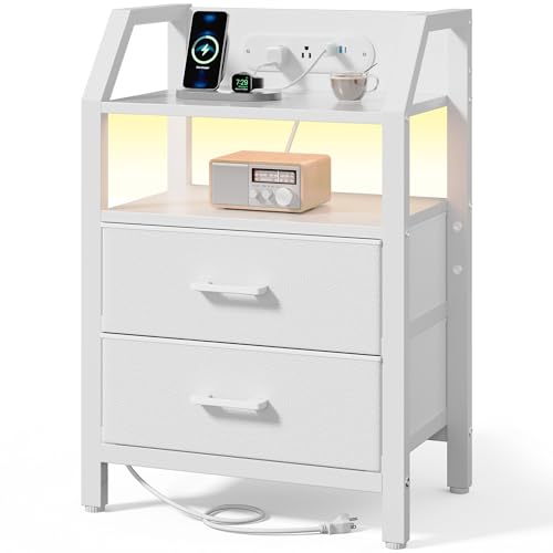 HLDIRECT Nightstand with Built-in Charging Station & Warm LED Light | 2 Fabric Drawers, FSC Wood, 66 lbs Capacity, 18.1"W x 11.5"D x 26"H, Adjustable Feet, for Bedroom, Dorm, White - color: White, size: 2 Drawers
