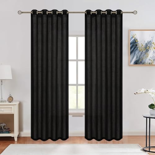 Sheer Curtains Faux Linen Semi Voile Light Filtering Drapes Pair for Bedroom Living Room, Set of 2 Grommet Top Window Curtain Panels (54 x 84 Inch,Black) - color: Black, size: 54"W x 84"L (Pack of 2)