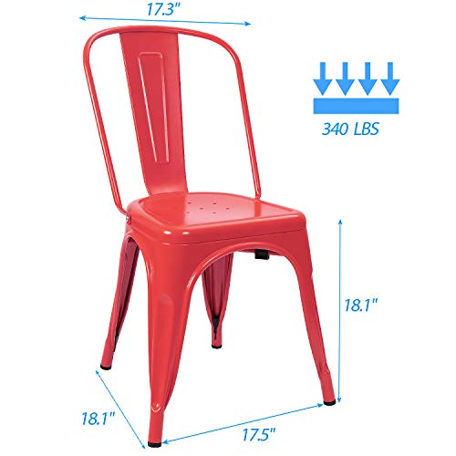 Devoko Metal Indoor-Outdoor Chairs Distressed Style Kitchen Dining Chairs Stackable Side Chair with Back Set of 4 (Red) - color: Red
