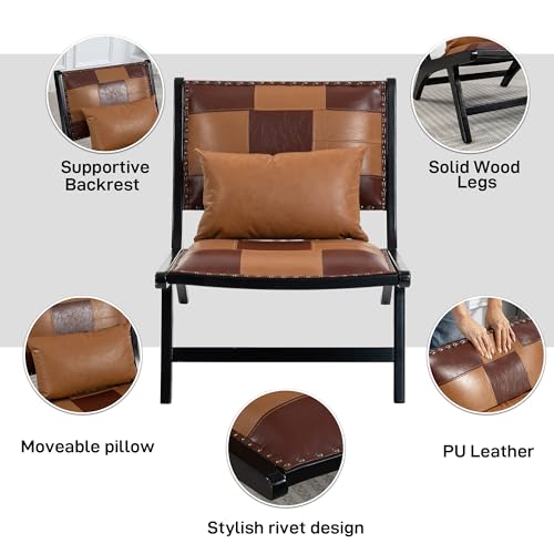 Accent Chair, Modern Comfy Genuine Leather Armless Accent Chairs | Mid-Century Anthropologie , Lounge Arm Chair with Solid Wood, Floral Pattern Sofa Chair for Living Room/Balcony/Bedroom - color: Leather-brown-1818