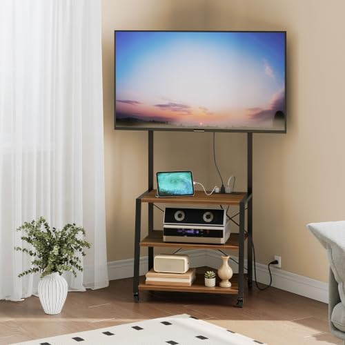 HOOBRO Rolling TV Stand with Mount and Power Outlet Up to 55 inch TV, Corner Entertainment Center, Small TV Stand with 3-Tier Storage Shelves for Living Room, Bedroom, Black and Walnut BH66UDS01 - color: Black and Walnut