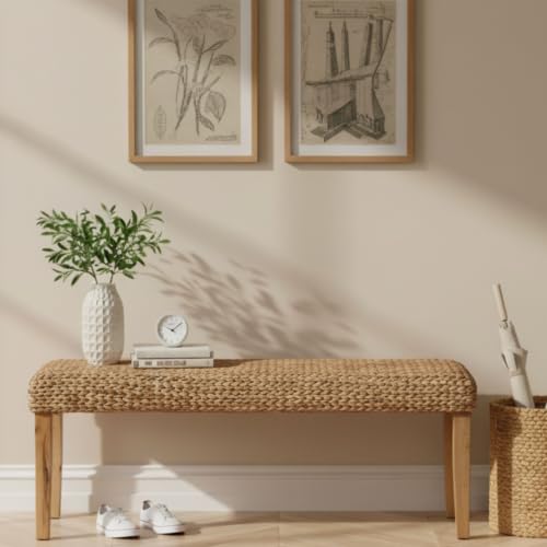 Solid Wood Acacia Indoor Bench, 47 Inch Water Hyacinth Seat, Fishbone Style | Natural Woven Seat, Living Room or Entryway, Bedroom End of Bed or Dining - color: Fishbone - Natural Leg & Water Hyacinth