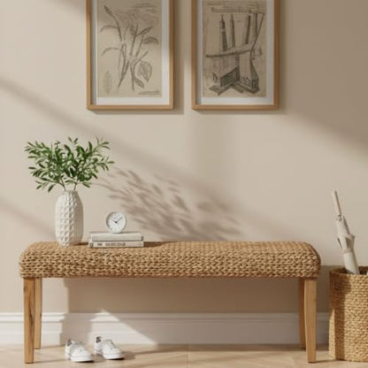 Solid Wood Acacia Indoor Bench, 47 Inch Water Hyacinth Seat, Fishbone Style | Natural Woven Seat, Living Room or Entryway, Bedroom End of Bed or Dining - color: Fishbone - Natural Leg & Water Hyacinth