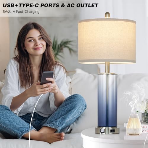 Ruzectt 26" Glass Table Lamp Single, 3-Way Dimmable Touch Control Living Room Lamp with USB C+A Ports & AC Outlet, Coastal Bedside Lamps, Bedroom Lamps for Nightstand Side End Table Desk, Blue-1PK - color: Blue-1PK