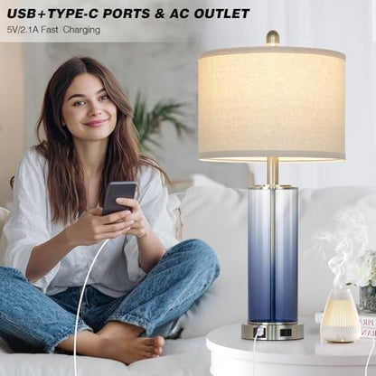 26" Coastal Blue Glass Table Lamps Set of 2, 3-Way Dimmable Touch Control Bedroom Lamp with USB C+A Ports & AC Outlet, Elegant Living Room Lamp, Nautical Bedside Lamps for Nightstand Side End Table - color: Blue