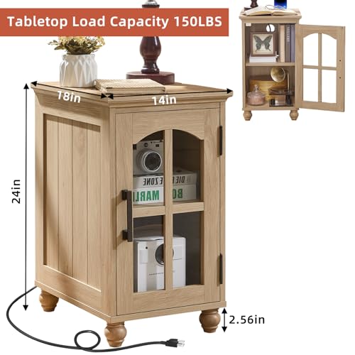 RWYHG Narrow Side Table, Farmhouse Nightstand with Charging Station | End Tables with Glass Barn Door, Cabinet Organizer with Adjustable Shelf, Night Stand for Small Spaces Living Room Bedroom - color: Natural Wood, size: Set 1